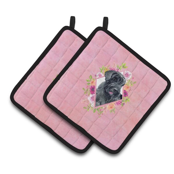 Carolines Treasures 7.5 x 7.5 in. Giant Schnauzer Pink Flowers Pair of Pot Holders - CK4178PTHD