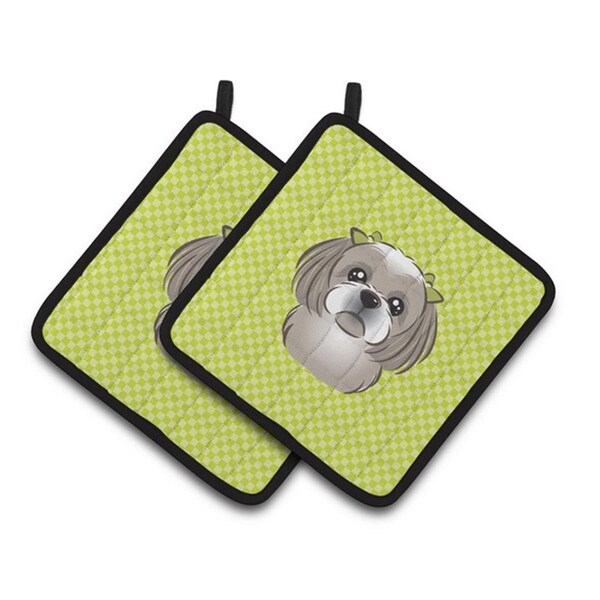 Carolines Treasures Checkerboard Lime Green Gray Silver Shih Tzu Pair of Pot Holders, 7.5 x 3 x 7.5 in. - BB1312PTHD