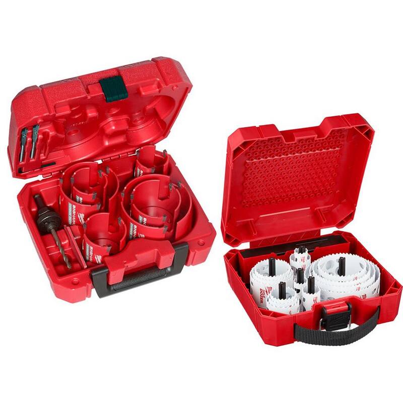 Juego de sierra perforadora de carburo BIG HAWG de Milwaukee (10 piezas) con set de sierras perforadoras bimetálicas Hole Dozer para electricistas (19 piezas) - 49-56-9290-49-22-4105
