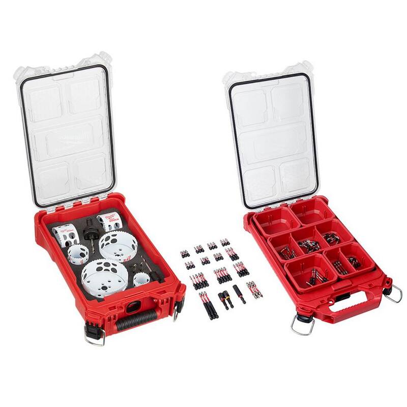 Set de sierra perforadora de uso general Milwaukee Hole Dozer Bi-Metal y set de puntas SHOCKWAVE con estuches PACKOUT (110 piezas) - 49-22-5606-48-32-4082.