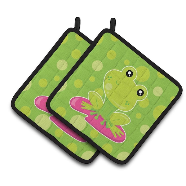 Carolines Treasures Frog on Lily Pad Green Polkadots Pair of Pot Holders - BB7098PTHD