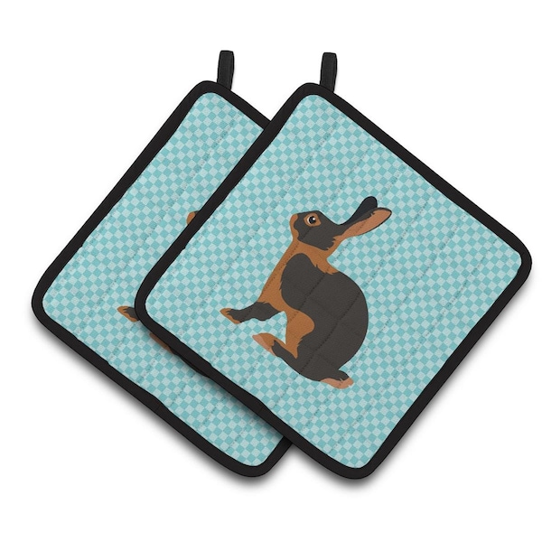 Carolines Treasures Tan Rabbit Blue Check Pair of Pot Holders - BB8137PTHD