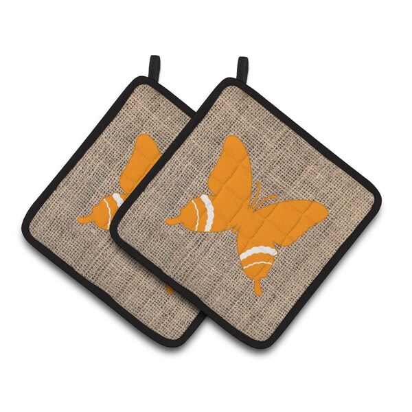 Carolines Treasures Butterfly Faux Burlap & Orange Pair of Pot Holders - BB1034-BL-OR-PTHD