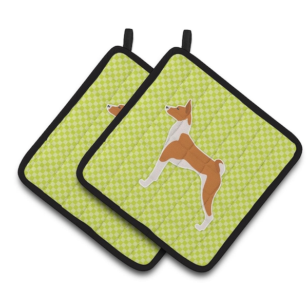 Carolines Treasures Basenji Checkerboard Green Pair of Pot Holders - BB3874PTHD