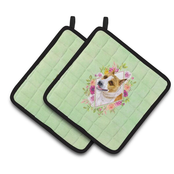 Carolines Treasures 7.5 x 7.5 in. Bull Terrier Green Flowers Pair of Pot Holders - CK4274PTHD