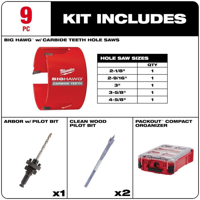 Milwaukee BIG HAWG Juego de sierra de corona de carburo con estuche PACKOUT y juego de cortador de agujeros de carburo (13 piezas) - 49-56-9295-49-22-8610