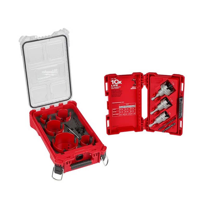 Milwaukee BIG HAWG Juego de sierra de corona de carburo con estuche PACKOUT y juego de cortador de agujeros de carburo (13 piezas) - 49-56-9295-49-22-8610