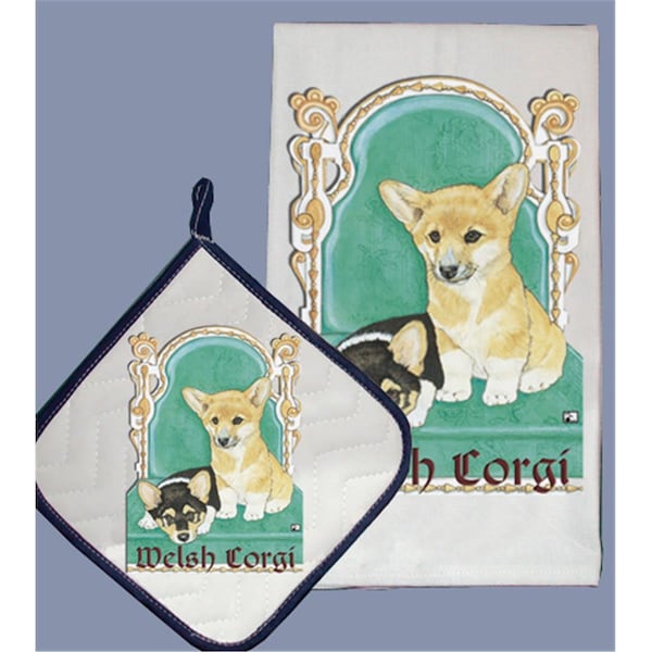 Pipsqueak Productions Dish Towel and Pot Holder Set - Welsh Corgi - PI392883