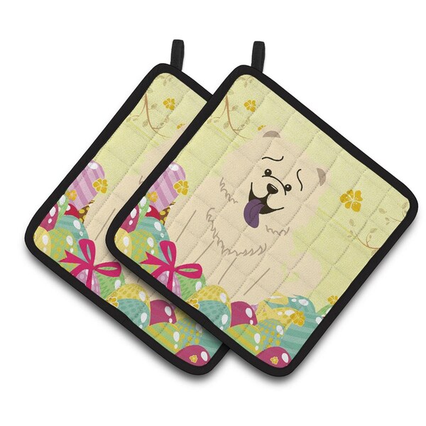 Carolines Treasures Easter Eggs Chow Chow White Pair of Pot Holders - BB6140PTHD