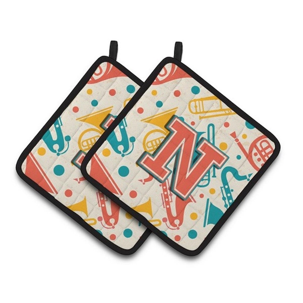 Carolines Treasures Letter N Retro Teal Orange Musical Instruments Initial Pair of Pot Holders, 7.5 x 3 x 7.5 in. - CJ2001-NPTHD