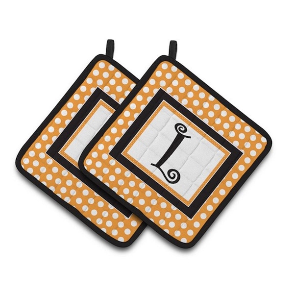Carolines Treasures Monogram Initial L Orange Polkadots Pair of Pot Holders, 7.5 x 3 x 7.5 in. - CJ1033-LPTHD