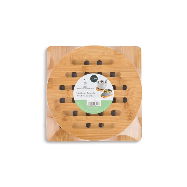 Core Bamboo Set of 2 Bamboo Trivets - 1pc Square & 1pc Round - 44102
