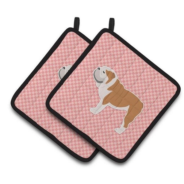 Carolines Treasures Carolines Treasures BB3662PTHD English Bulldog Checkerboard Pink Pair of Pot Holders - BB3662PTHD