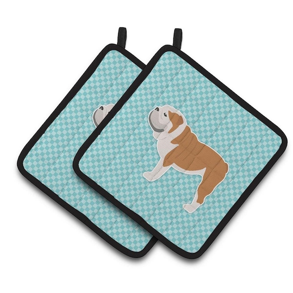 Carolines Treasures English Bulldog Checkerboard Blue Pair of Pot Holders - BB3762PTHD