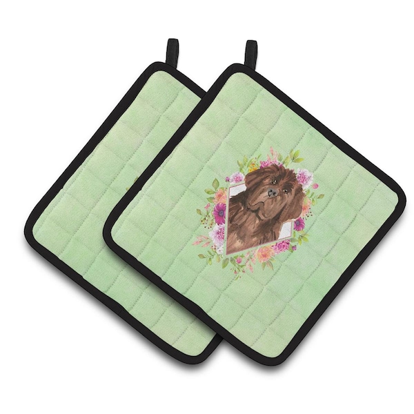 Carolines Treasures 7.5 x 7.5 in. Newfoundland Green Flowers Pair of Pot Holders - CK4381PTHD