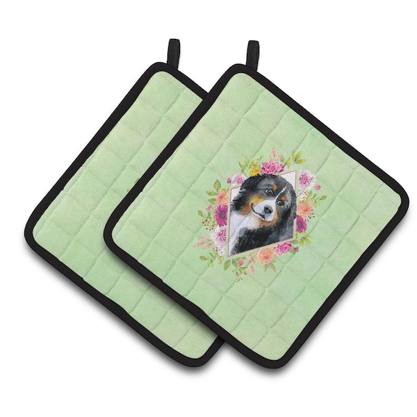 Carolines Treasures 7.5 x 7.5 in. Bernese Mountain Dog Green Flowers Pair of Pot Holders - CK4278PTHD