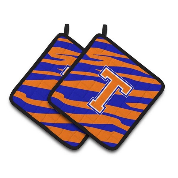 Carolines Treasures Monogram Initial T Tiger Stripe - Blue Orange Pair of Pot Holders, 7.5 x 3 x 7.5 in. - CJ1023-TPTHD