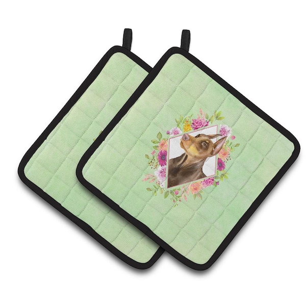 Carolines Treasures 7.5 x 7.5 in. Doberman Pinscher Green Flowers Pair of Pot Holders - CK4298PTHD