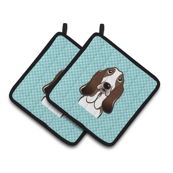 Carolines Treasures Checkerboard Blue Basset Hound Pair of Pot Holders, 7.5 x 3 x 7.5 in. - BB1181PTHD