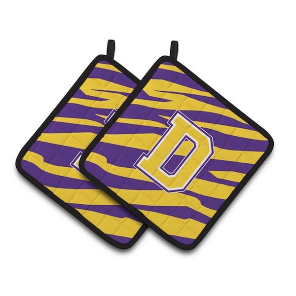 Carolines Treasures Letter D Monogram - Tiger Stripe - Purple Gold Pair of Pot Holders, 7.5 x 3 x 7.5 in. - CJ1022-DPTHD