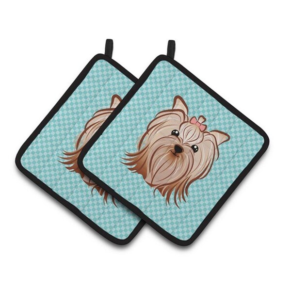 Carolines Treasures Checkerboard Blue Yorkie Yorkishire Terrier Pair of Pot Holders, 7.5 x 3 x 7.5 in. - BB1142PTHD