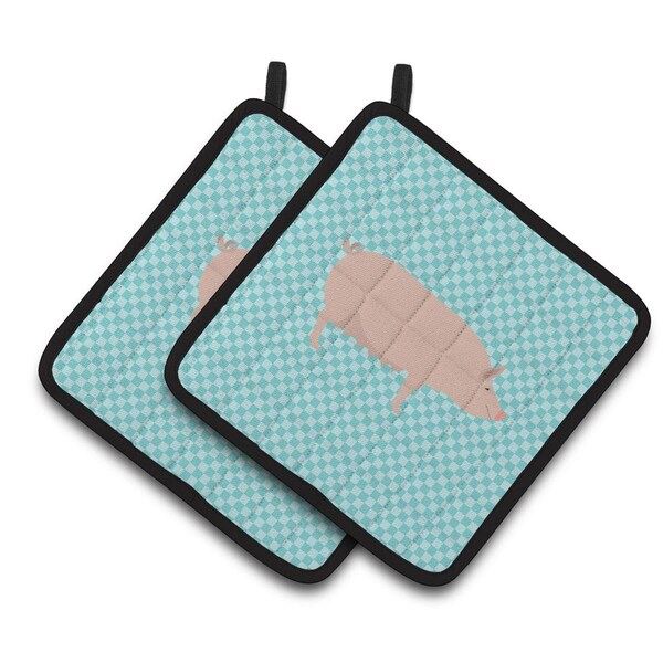 Carolines Treasures English Large White Pig Blue Check Pair of Pot Holders - BB8112PTHD