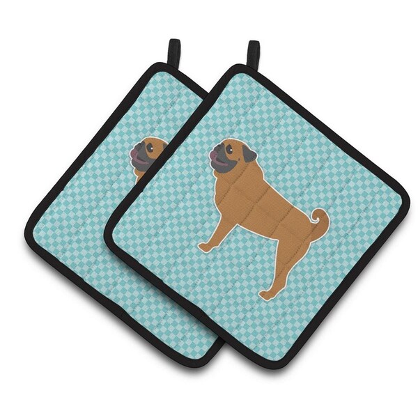 Carolines Treasures Pug Checkerboard Blue Pair of Pot Holders - BB3747PTHD