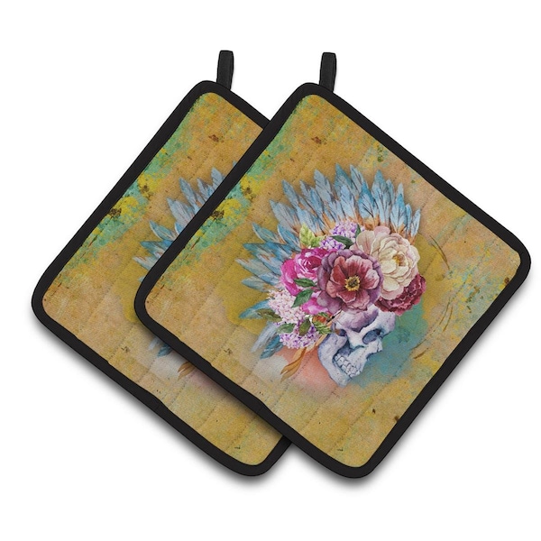 Carolines Treasures Day of the Dead Flowers Skull Pair of Pot Holders - BB5129PTHD