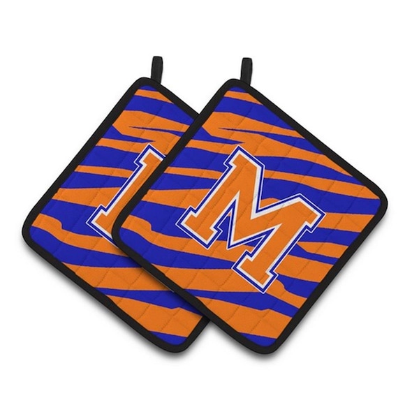 Carolines Treasures Monogram Initial M Tiger Stripe - Blue Orange Pair of Pot Holders, 7.5 x 3 x 7.5 in. - CJ1023-MPTHD