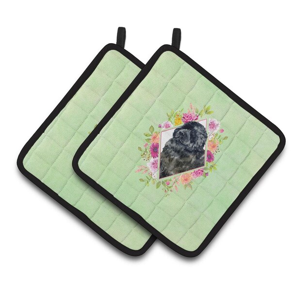 Carolines Treasures 7.5 x 7.5 in. Newfoundland Green Flowers Pair of Pot Holders - CK4323PTHD