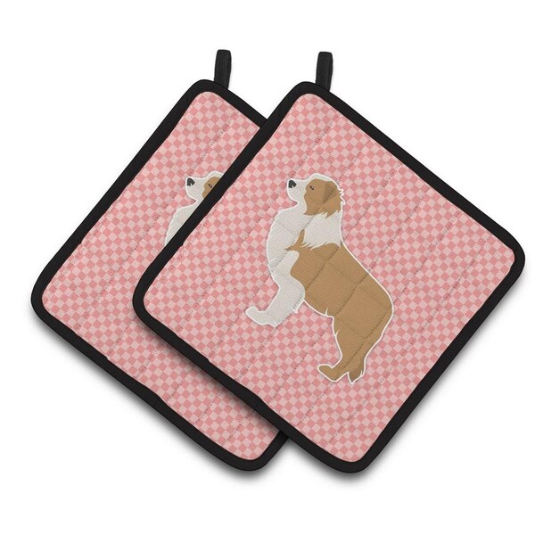 Carolines Treasures Red Border Collie Checkerboard Pink Pair of Pot Holders - BB3622PTHD