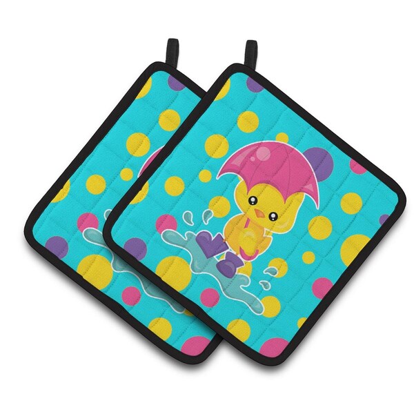 Carolines Treasures Duck in the Rain on Polkadots Pair of Pot Holders - BB7101PTHD