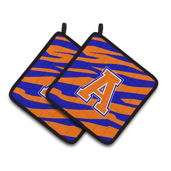 Carolines Treasures Letter A Monogram - Orange Blue Tiger Stripe Pair of Pot Holders, 7.5 x 3 x 7.5 in. - CJ1023-APTHD