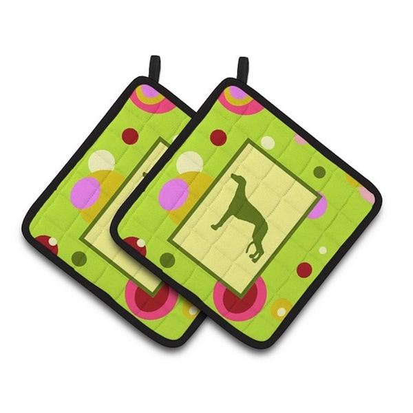 Carolines Treasures Lime Green Dots Greyhound Pair of Pot Holders, 7.5 x 3 x 7.5 in. - CK1037PTHD