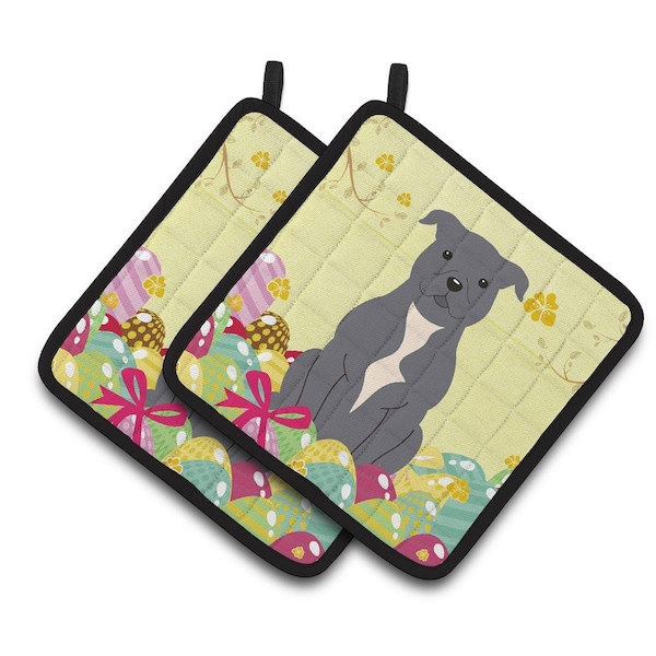 Carolines Treasures Easter Eggs Staffordshire Bull Terrier Blue Pair of Pot Holders - BB6046PTHD