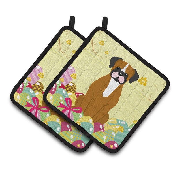 Carolines Treasures Easter Eggs Flashy Fawn Boxer Pair of Pot Holders - BB6116PTHD