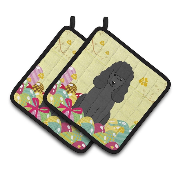 Carolines Treasures Easter Eggs Poodle Black Pair of Pot Holders - BB6071PTHD