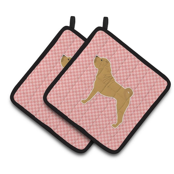 Carolines Treasures Shar Pei Merry Checkerboard Pink Pair of Pot Holders - BB3652PTHD