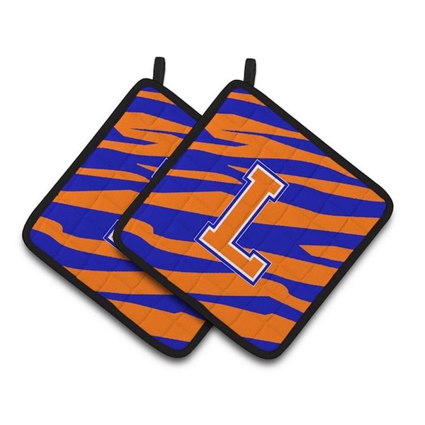 Carolines Treasures Monogram Initial L Tiger Stripe - Blue Orange Pair of Pot Holders, 7.5 x 3 x 7.5 in. - CJ1023-LPTHD