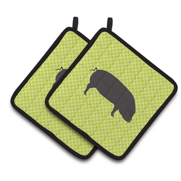 Carolines Treasures Devon Large Black Pig Green Pair of Pot Holders - BB7757PTHD