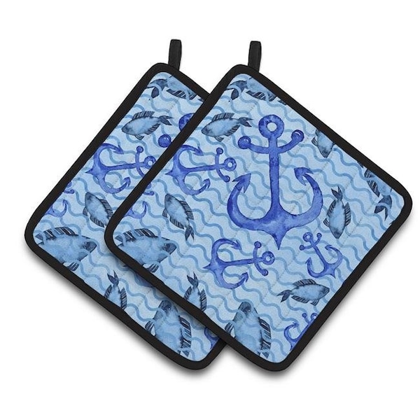 Carolines Treasures Carolines Treasures BB7534PTHD Beach Watercolor Anchors & Fish Pair of Pot Holders - BB7534PTHD