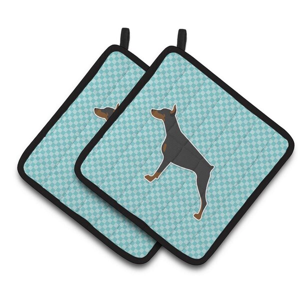 Carolines Treasures Doberman Pinscher Checkerboard Blue Pair of Pot Holders - BB3760PTHD