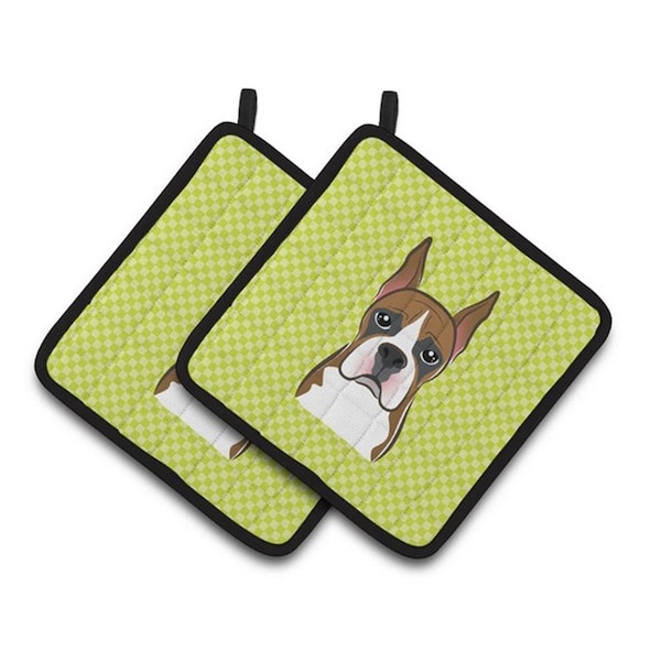 Carolines Treasures Checkerboard Lime Green Boxer Pair of Pot Holders, 7.5 x 3 x 7.5 in. - BB1285PTHD