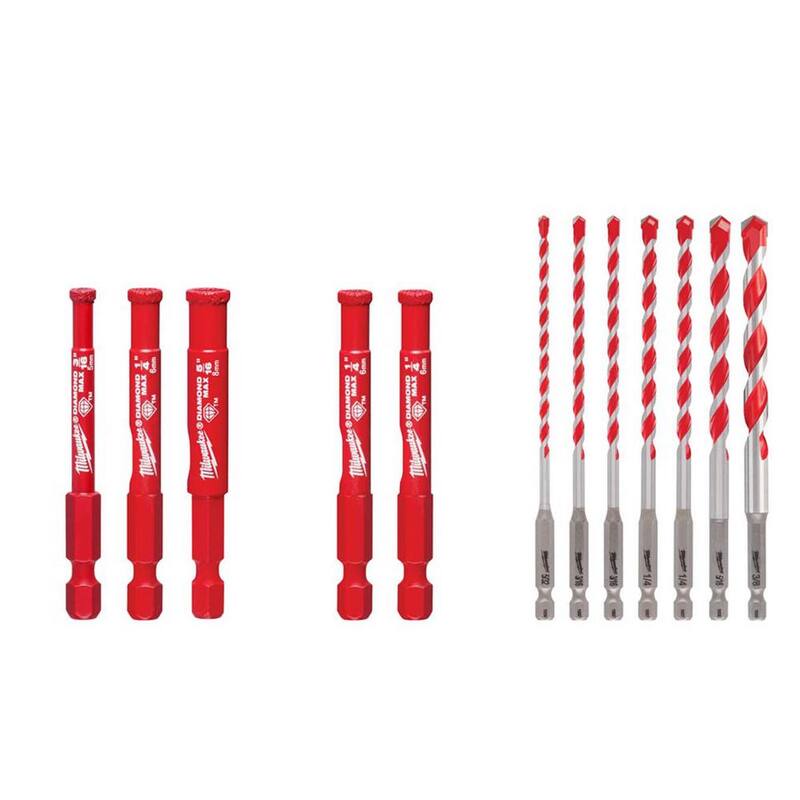 Set de sierras de hoyo Milwaukee Diamond MAX con kit de brocas de martillo de carburo SHOCKWAVE (12 piezas) - 49-56-0500-49-56-0501-48-20-9052