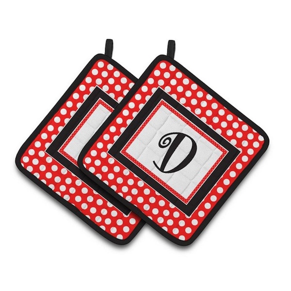 Carolines Treasures Letter D Initial Monogram Red Black Polka Dots Pair of Pot Holders, 7.5 x 3 x 7.5 in. - CJ1012-DPTHD