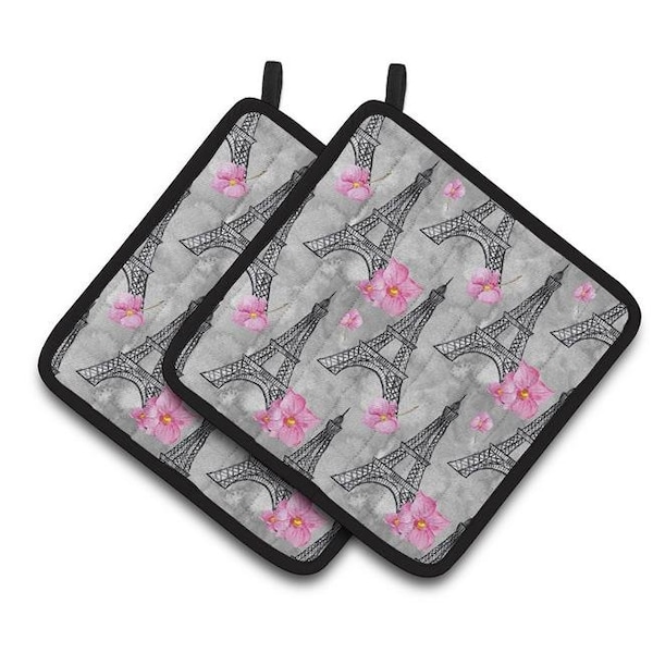 Carolines Treasures Carolines Treasures BB7503PTHD Watercolor Pink Flowers Eiffel Tower Pair of Pot Holders - BB7503PTHD