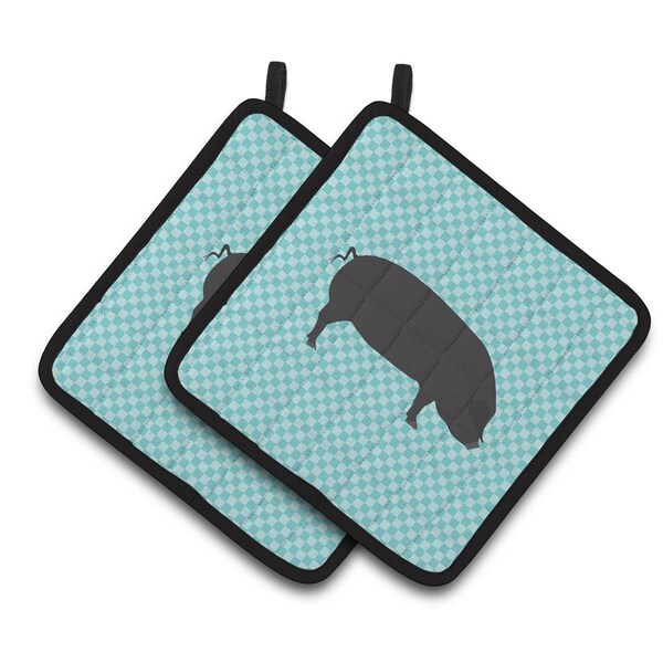 Carolines Treasures Devon Large Black Pig Blue Check Pair of Pot Holders - BB8105PTHD