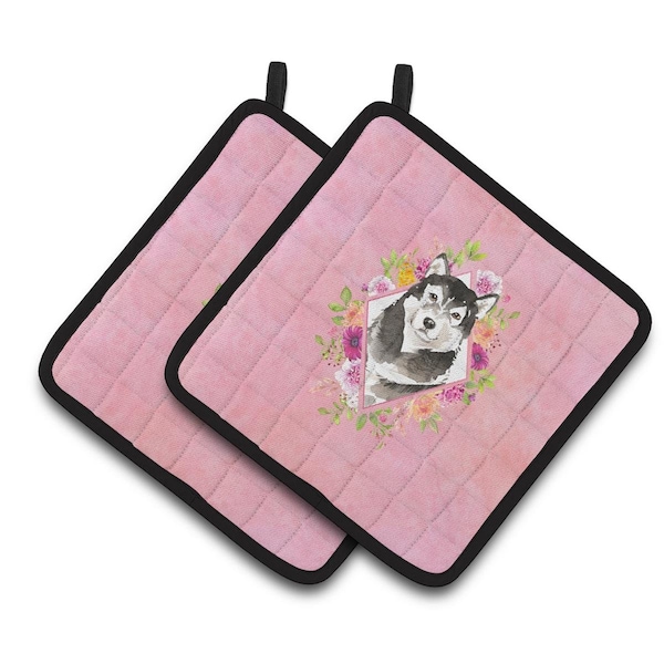 Carolines Treasures 7.5 x 7.5 in. Alaskan Malamute Pink Flowers Pair of Pot Holders - CK4224PTHD