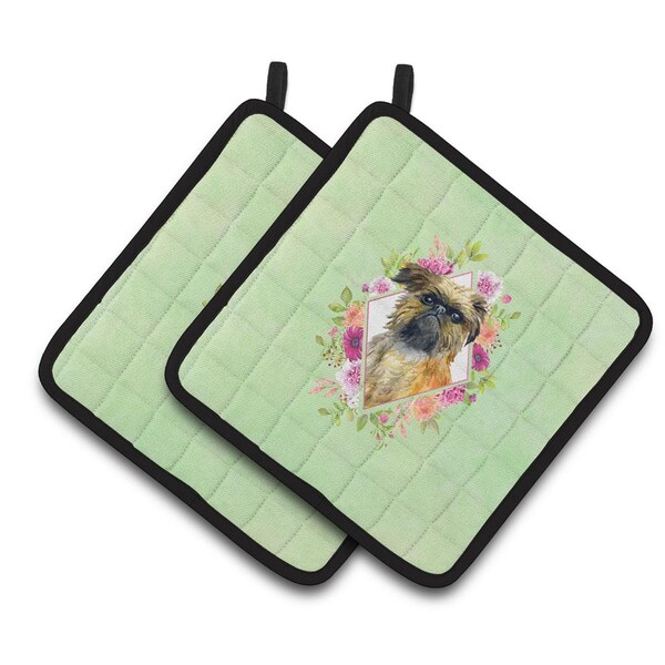 Carolines Treasures 7.5 x 7.5 in. Brussels Griffon Green Flowers Pair of Pot Holders - CK4283PTHD