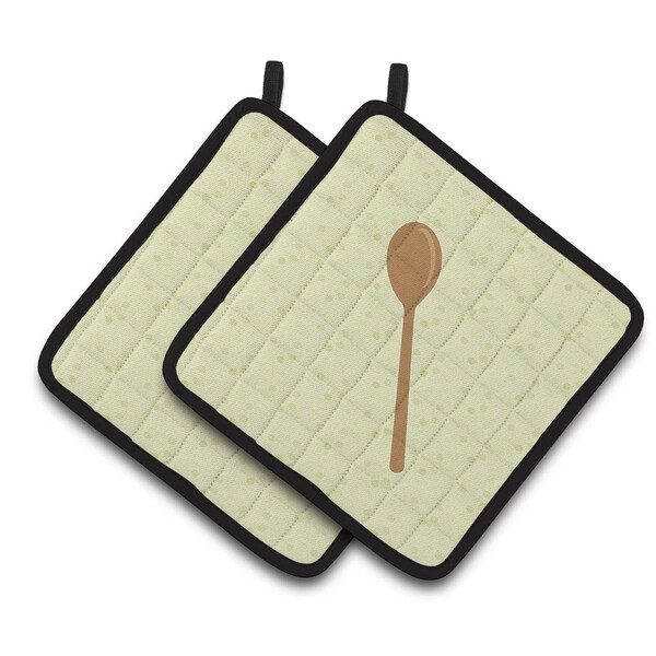 Carolines Treasures Wooden Spoon on Green Pair of Pot Holders - BB7300PTHD